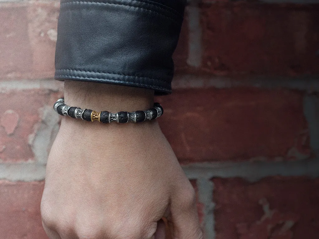 Lava Beads, One Gold Link, Oxidized Sterling Silver Bracelet