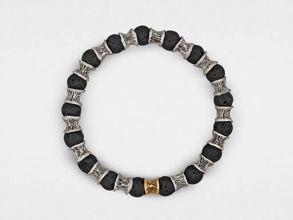 Lava Beads, One Gold Link, Oxidized Sterling Silver Bracelet