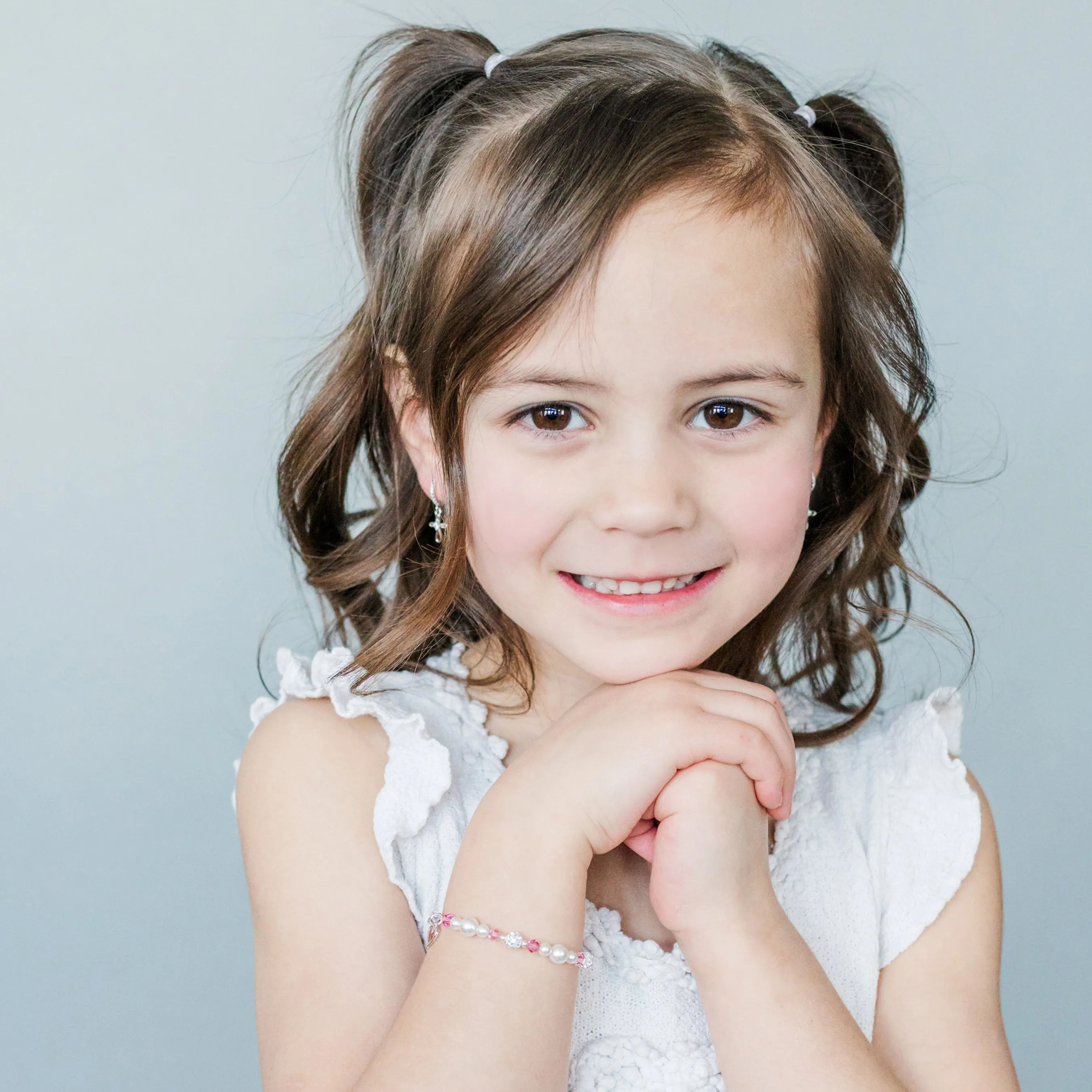Little Girls Sterling Silver Baby Bracelet with Simulated Pearls and Pink Crystals with Heart