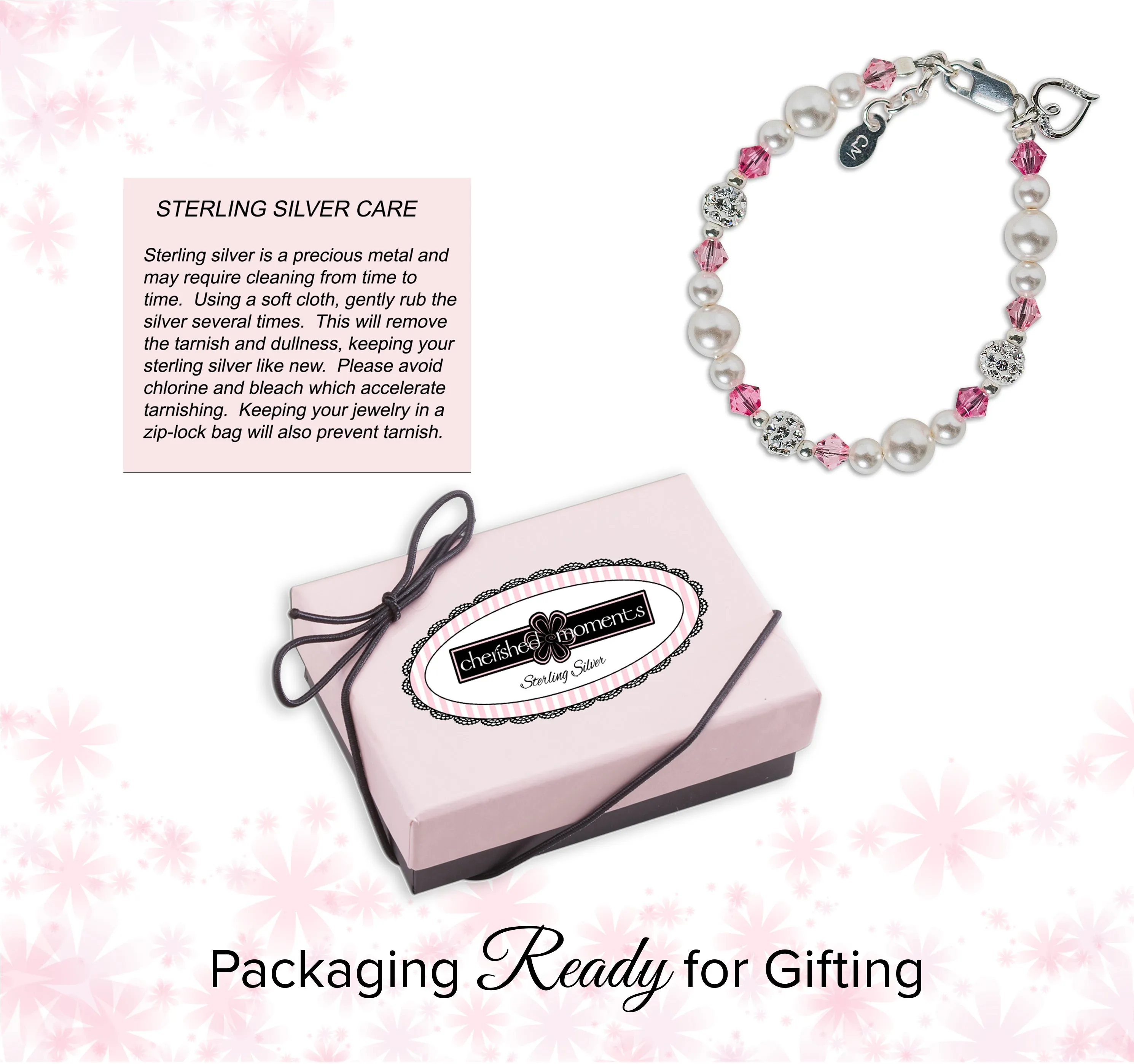 Little Girls Sterling Silver Baby Bracelet with Simulated Pearls and Pink Crystals with Heart