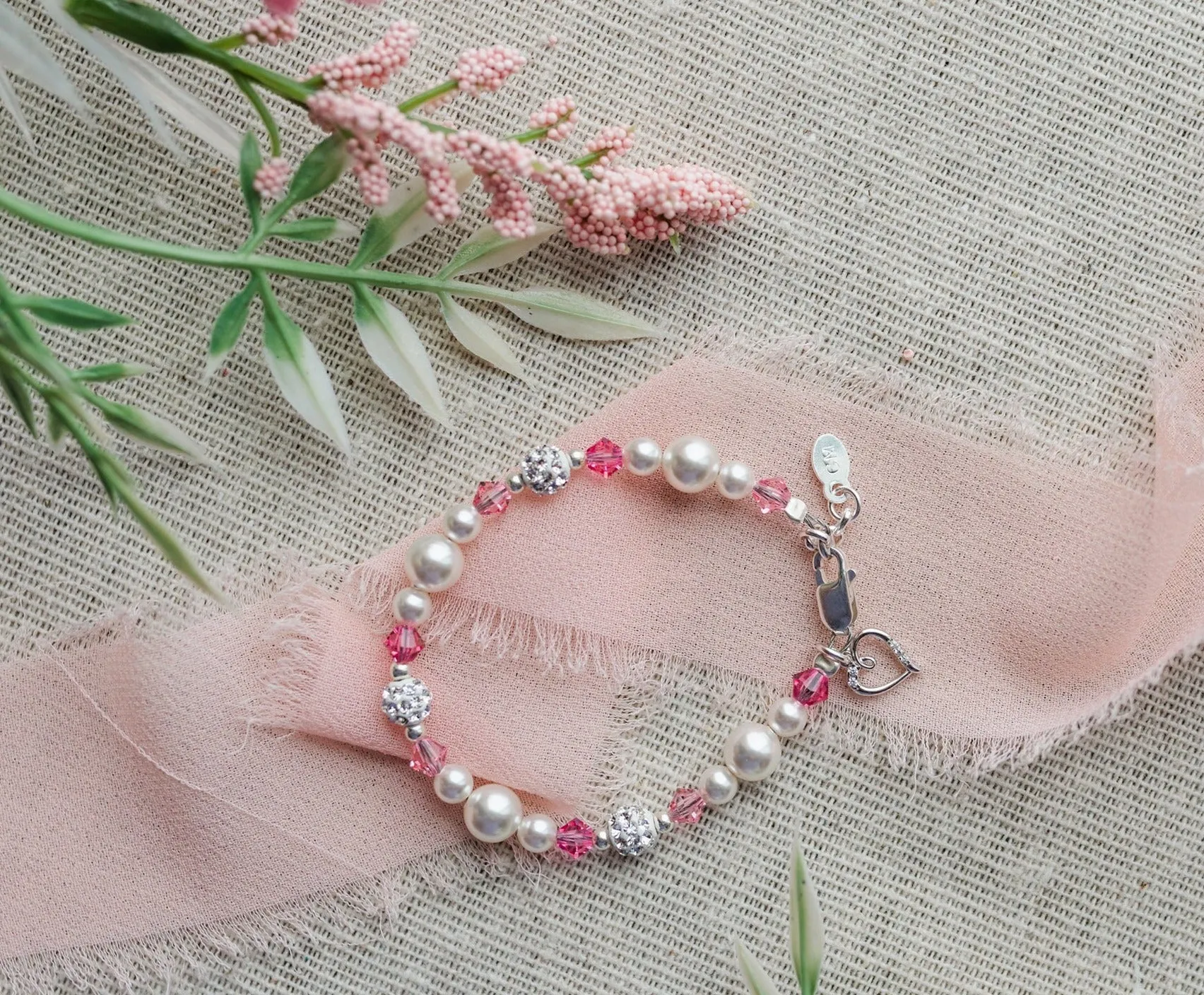 Little Girls Sterling Silver Baby Bracelet with Simulated Pearls and Pink Crystals with Heart