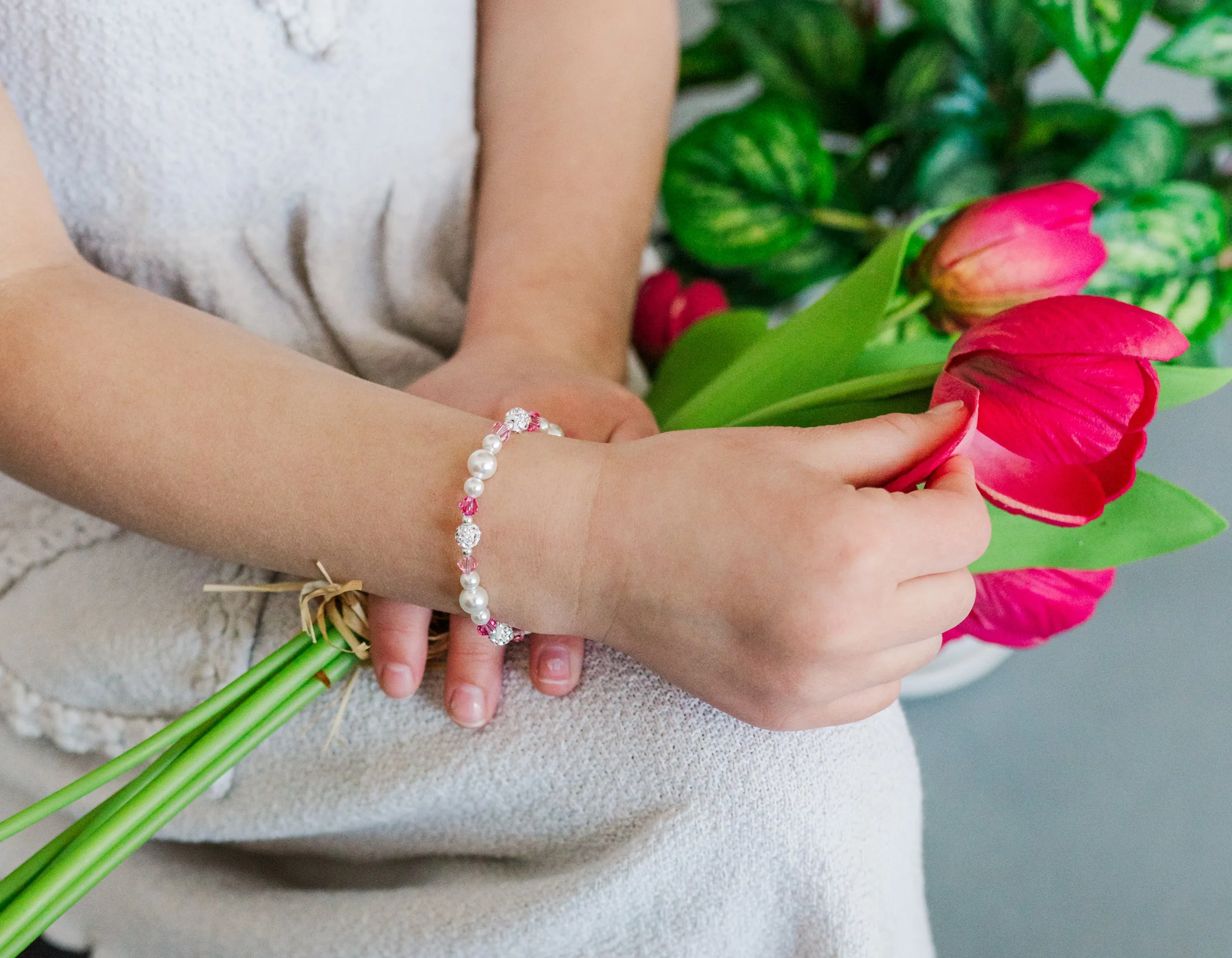 Little Girls Sterling Silver Baby Bracelet with Simulated Pearls and Pink Crystals with Heart