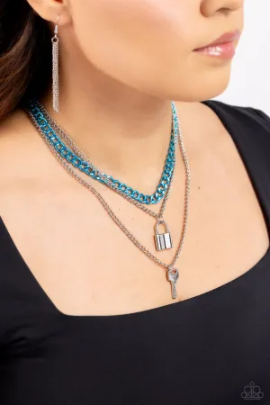 Locked Labor - Blue - Painted Chain Lock and Key Tiered Paparazzi Short Necklace