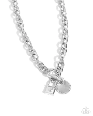 Locked Lady - White - Rhinestone Heart Lock Paparazzi Short Toggle Necklace