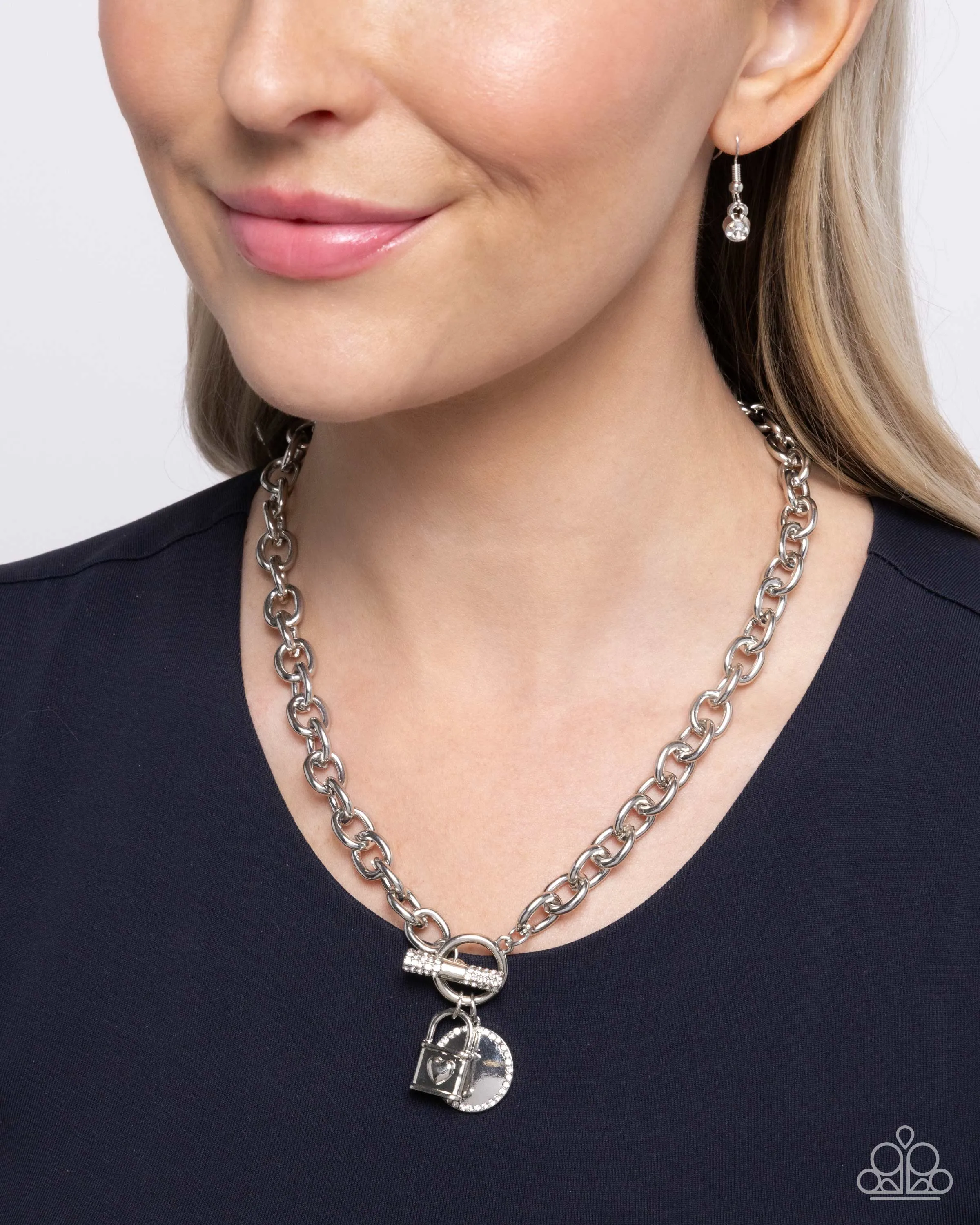 Locked Lady - White - Rhinestone Heart Lock Paparazzi Short Toggle Necklace