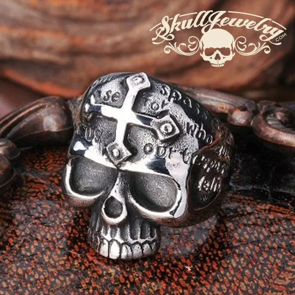 Lords Prayer Skull Ring with Cross on Forehead (#355SILVER)