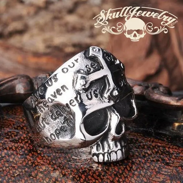 Lords Prayer Skull Ring with Cross on Forehead (#355SILVER)