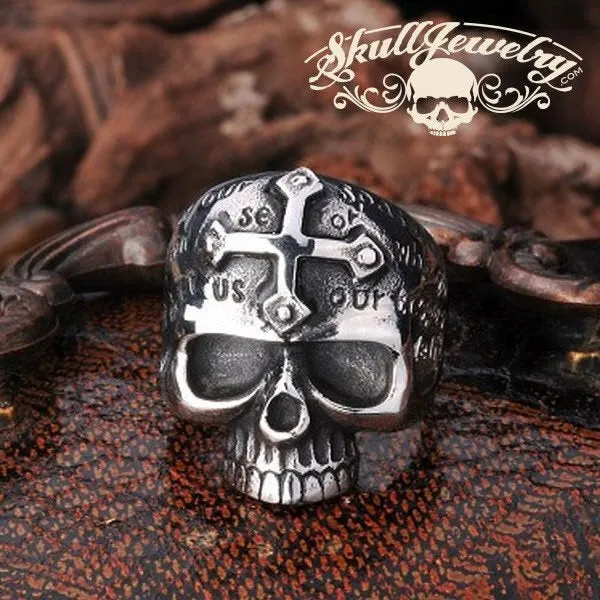 Lords Prayer Skull Ring with Cross on Forehead (#355SILVER)