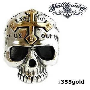 Lords Prayer Skull Ring with Gold Cross on Forehead (#355GOLD)
