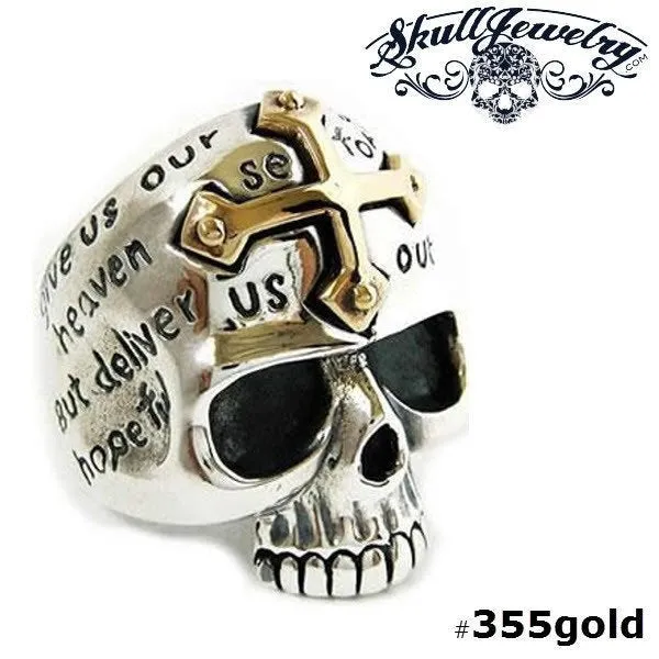 Lords Prayer Skull Ring with Gold Cross on Forehead (#355GOLD)