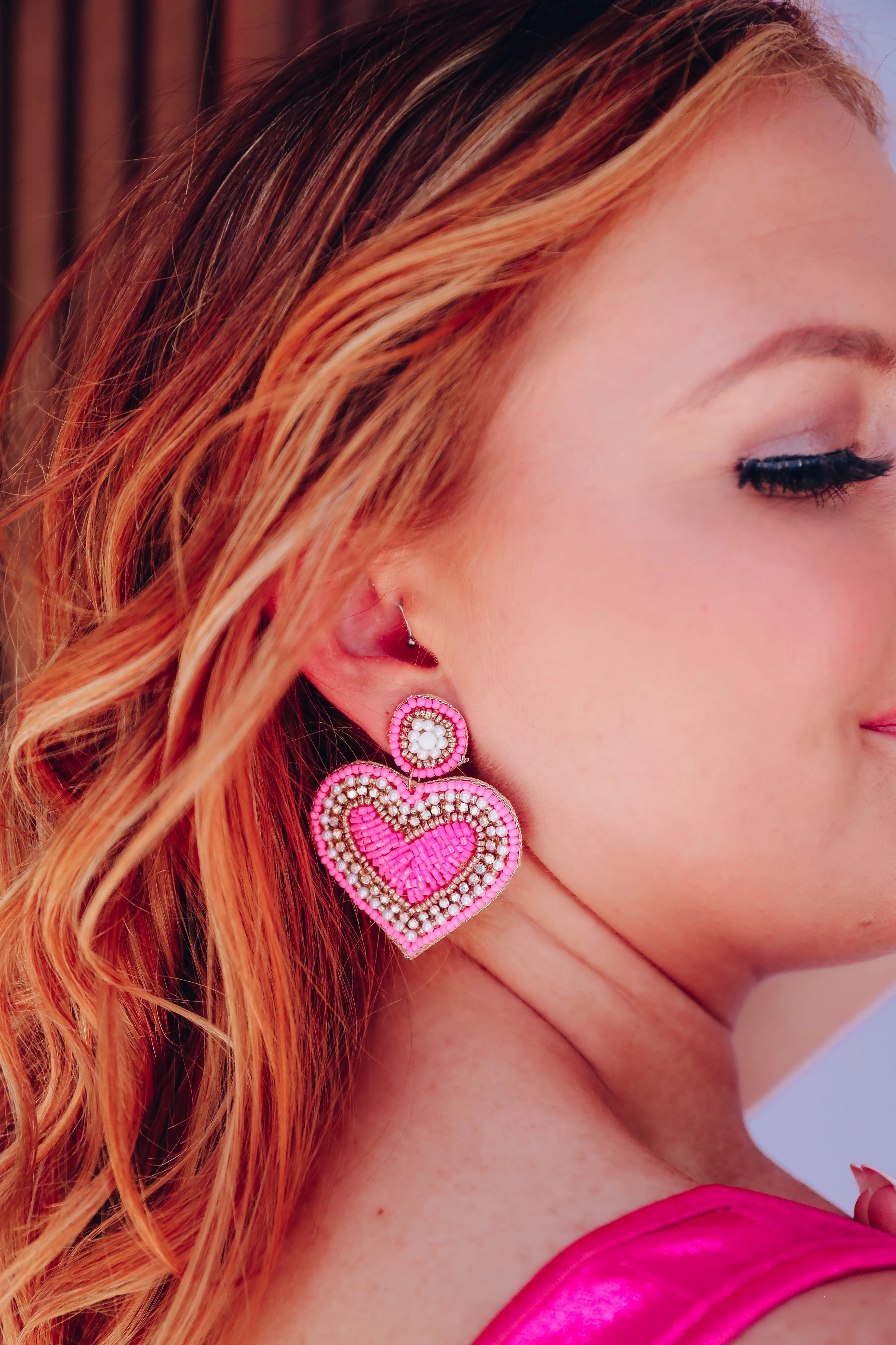 Loving Heart Beaded Earrings - Hot Pink