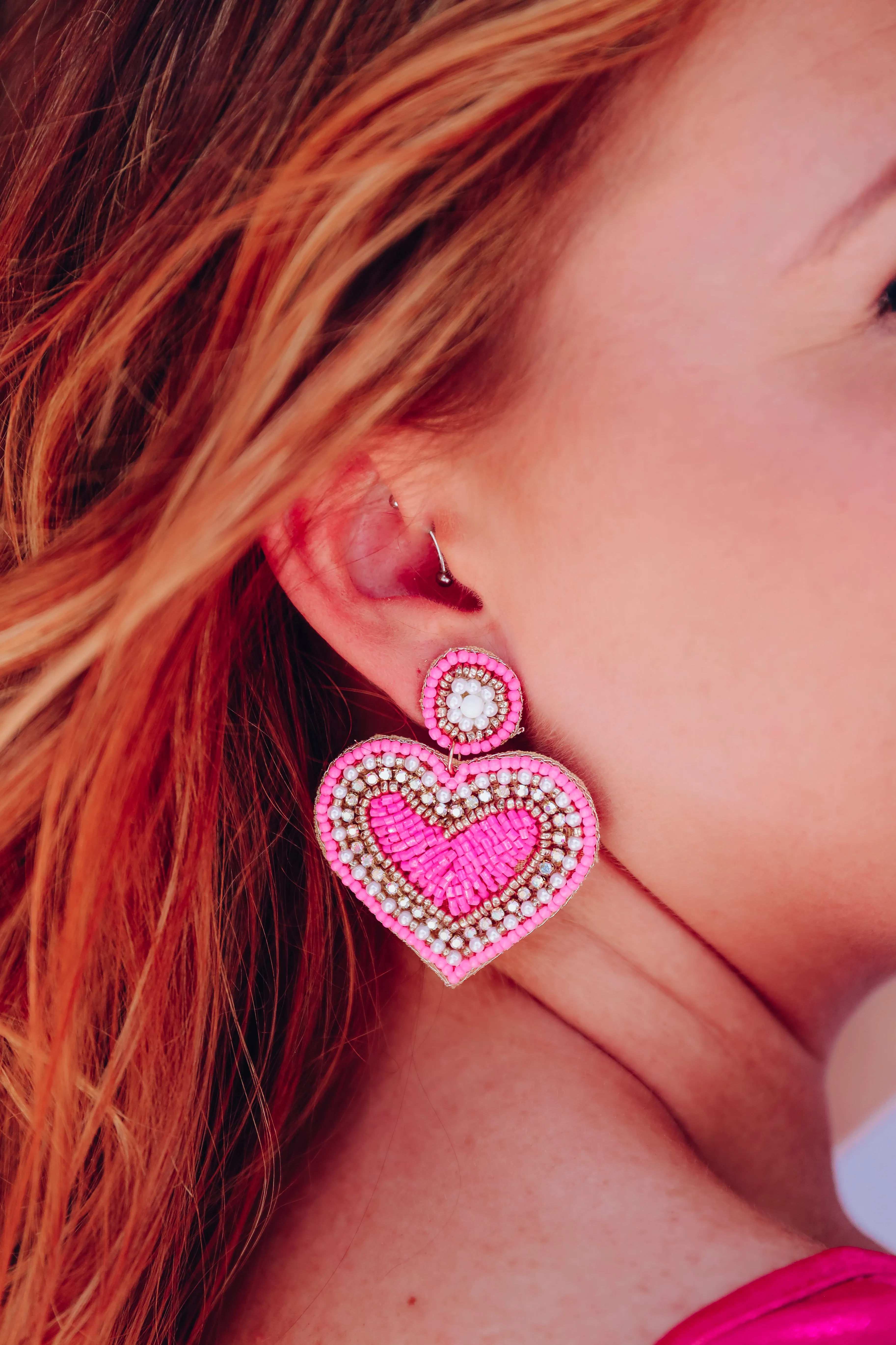 Loving Heart Beaded Earrings - Hot Pink