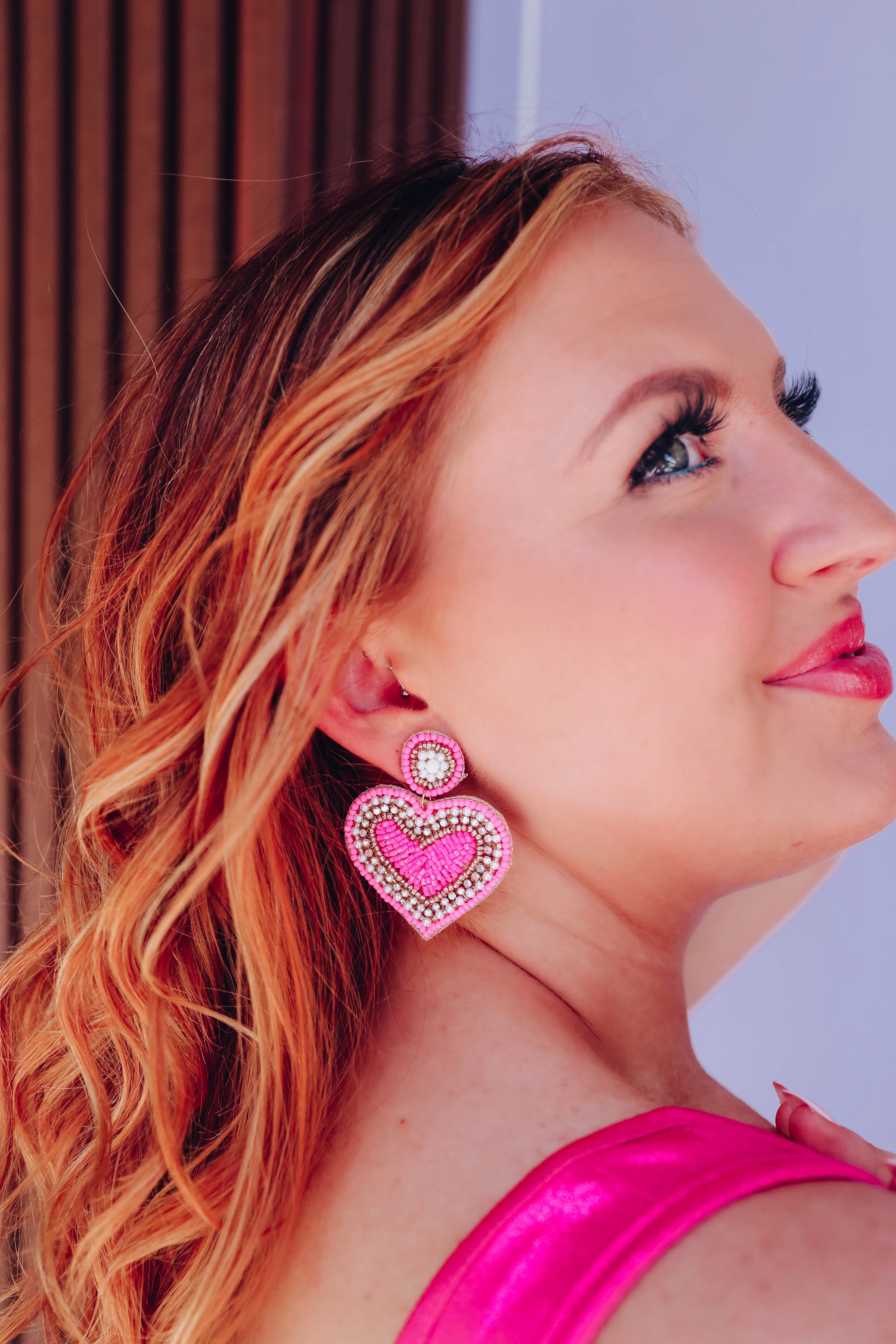 Loving Heart Beaded Earrings - Hot Pink