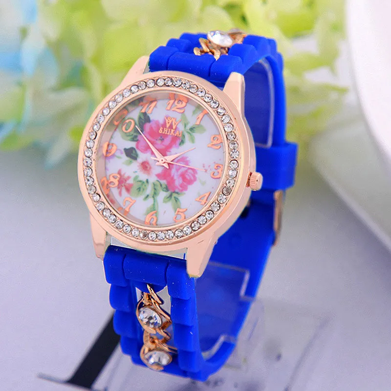 Luxury Flower Silicone Watches Women Diamond Rose Gold Quartz Watch Fashion Wristwatches Clocks Wrist Watches Fine Jewelry