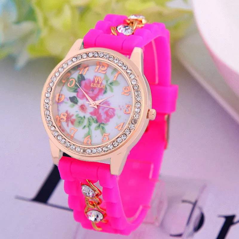 Luxury Flower Silicone Watches Women Diamond Rose Gold Quartz Watch Fashion Wristwatches Clocks Wrist Watches Fine Jewelry