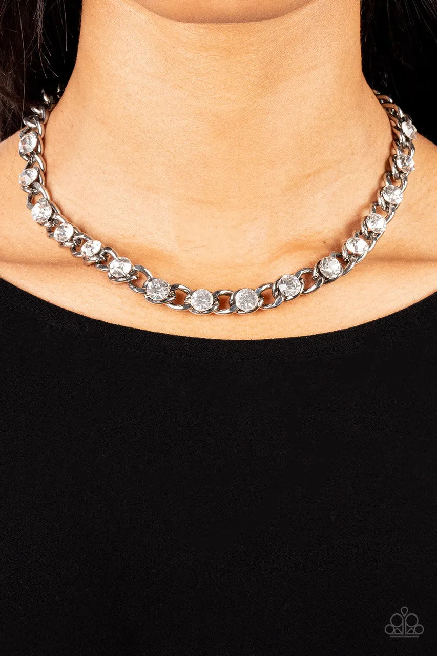 Major Moxie - White - Rhinestone Grunge Silver Paparazzi Short Necklace