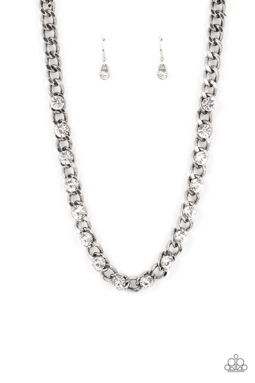 Major Moxie - White - Rhinestone Grunge Silver Paparazzi Short Necklace