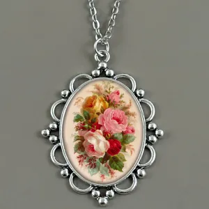 Make Your Own Photo Necklace Kit 40x30mm Beaded Flower Oval Antique Silver