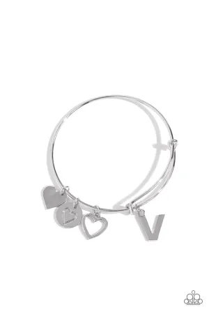 Making It INITIAL - Silver - V - Heart and Letter Charm Paparazzi Bangle Bracelet