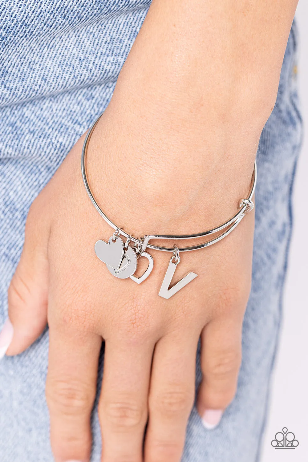 Making It INITIAL - Silver - V - Heart and Letter Charm Paparazzi Bangle Bracelet