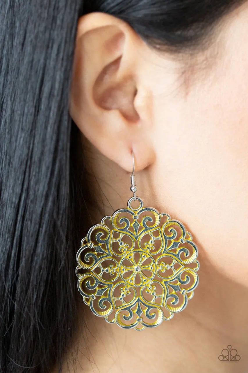 Mandala Effect Yellow Paparazzi Earrings