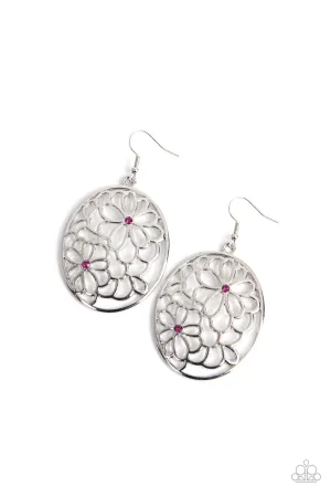 Meadow Maiden - Pink - Rhinestone Silver Flower Paparazzi Fishhook Earrings
