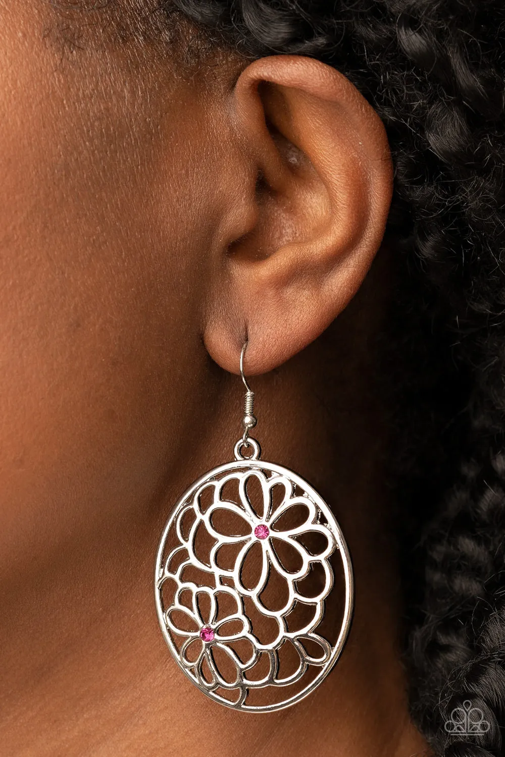 Meadow Maiden - Pink - Rhinestone Silver Flower Paparazzi Fishhook Earrings