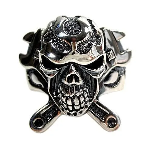 Mechanic Wrench Cross Skull Ring