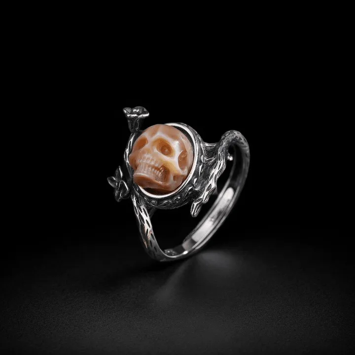 Memento Mori Pearl Skull Flower Vine Branch Ring