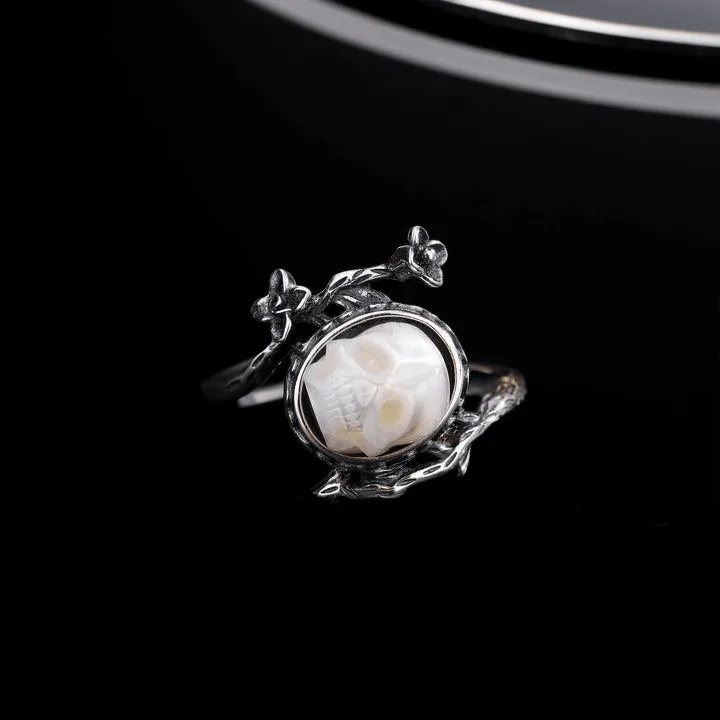 Memento Mori Pearl Skull Flower Vine Branch Ring