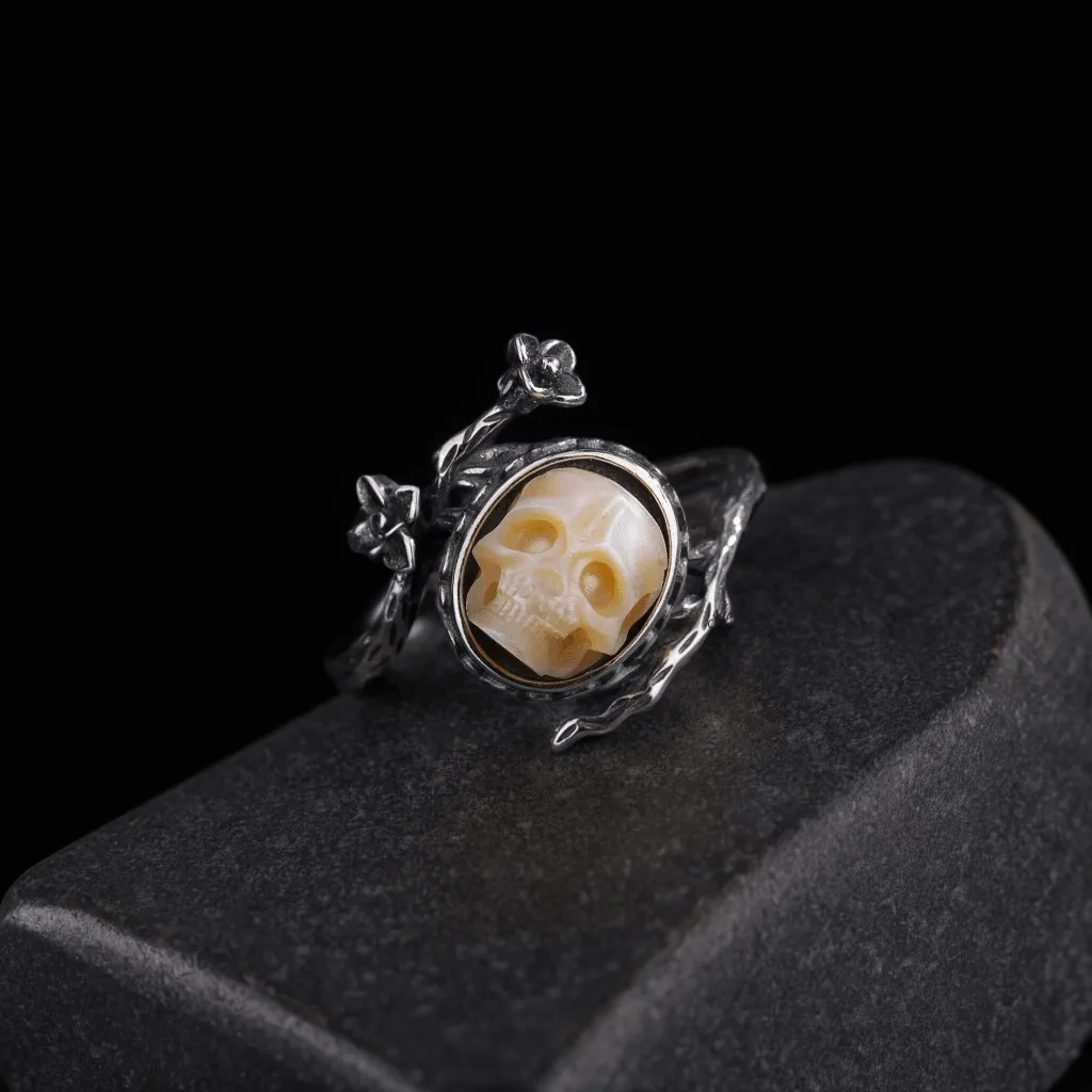 Memento Mori Pearl Skull Flower Vine Branch Ring