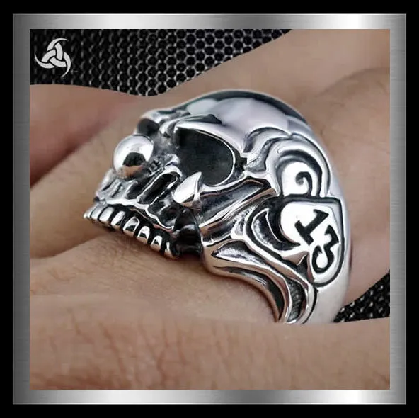 Mens Biker Clown Skull Ring 13 Of Spades Sterling Silver