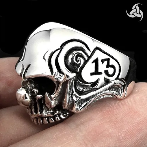 Mens Biker Clown Skull Ring 13 Of Spades Sterling Silver
