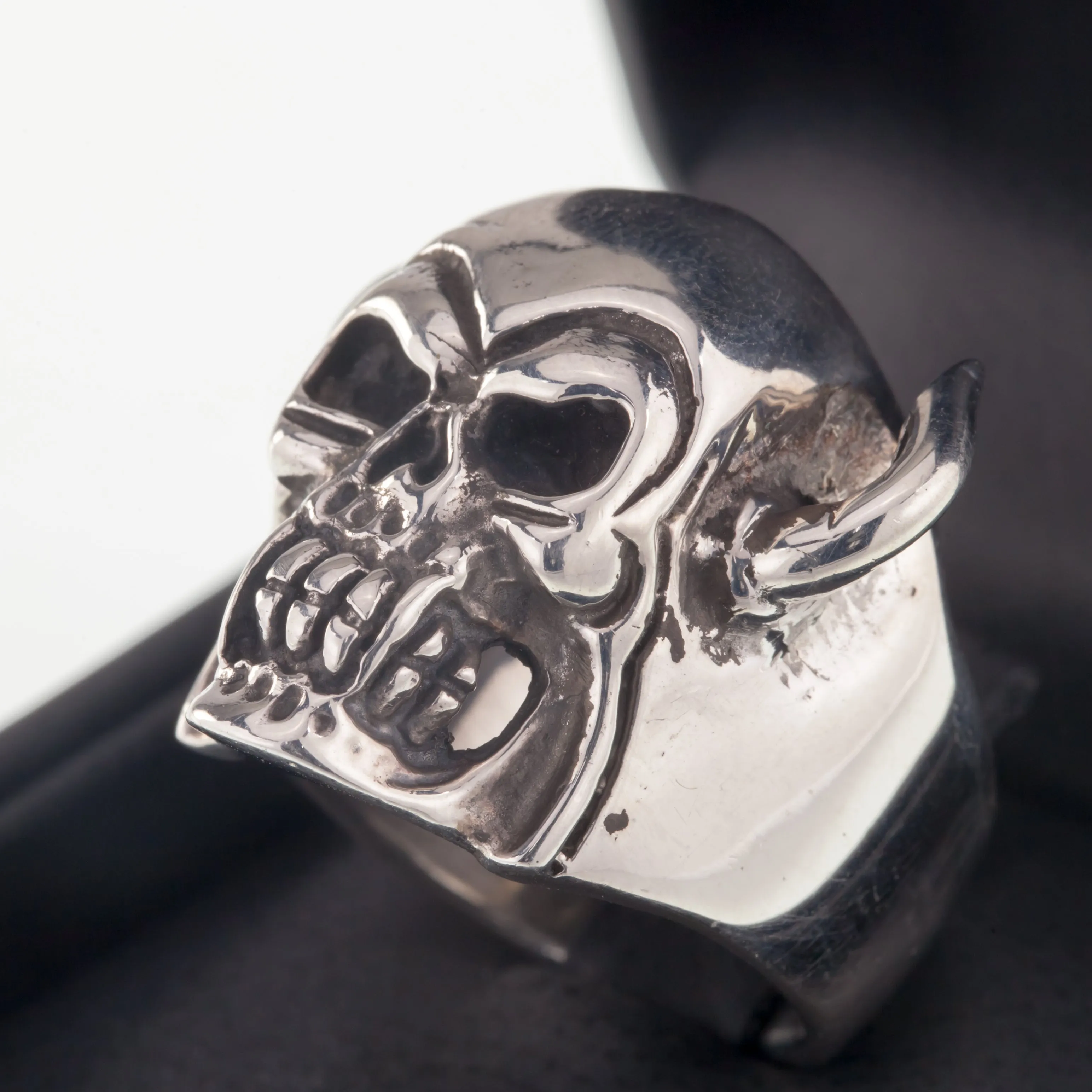 Men's Biker Skull w/Horns Sterling Silver Ring Size 9