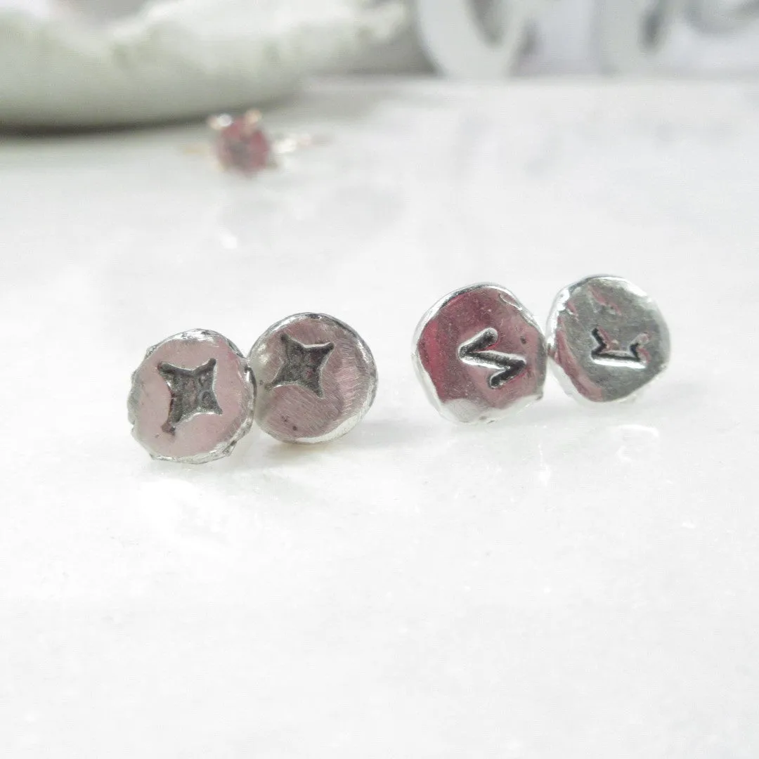 Mens Nugget Stud Earrings Design Symbols .999 Silver