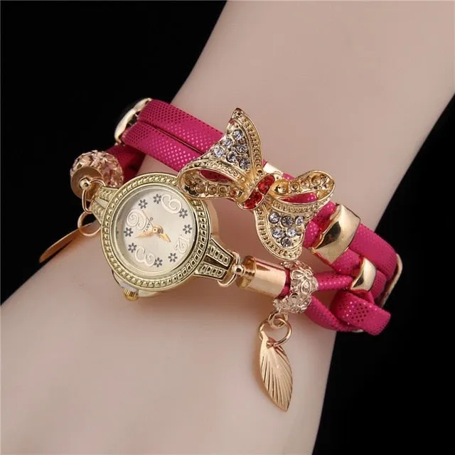 MINHIN Butterfly Retro Bracelet Watches Women Lovely Wedding Quartz Wrist Watches 6 Colors Rhinestone Delicate Female Watches