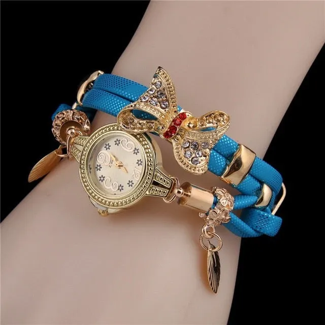 MINHIN Butterfly Retro Bracelet Watches Women Lovely Wedding Quartz Wrist Watches 6 Colors Rhinestone Delicate Female Watches