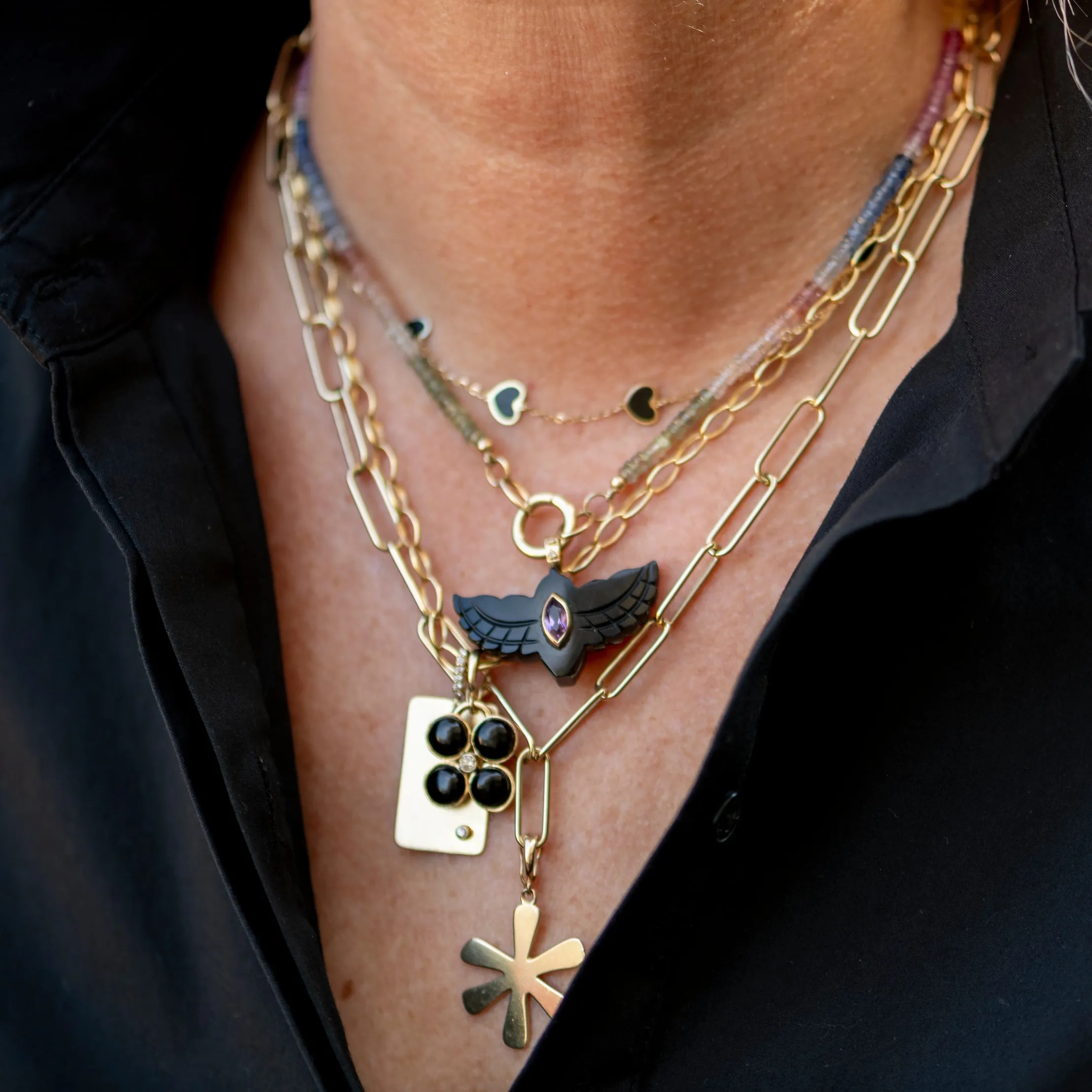 Mini Heart Station Necklace/Black Onyx