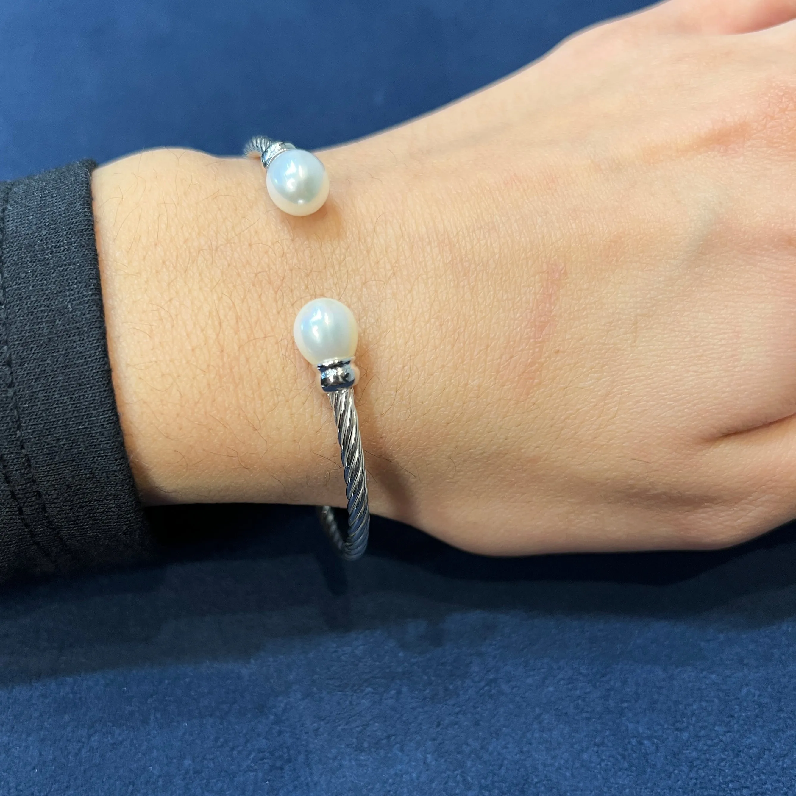 Miss Mimi Sterling Silver Twist Cable and Pearl Bangle