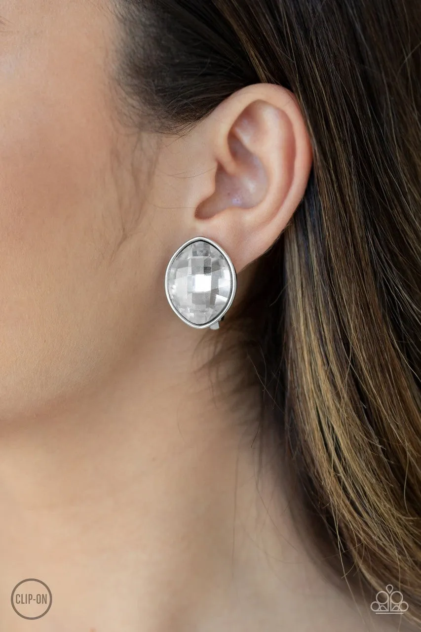 Movie Star Sparkle White Paparazzi Clip-On Earrings