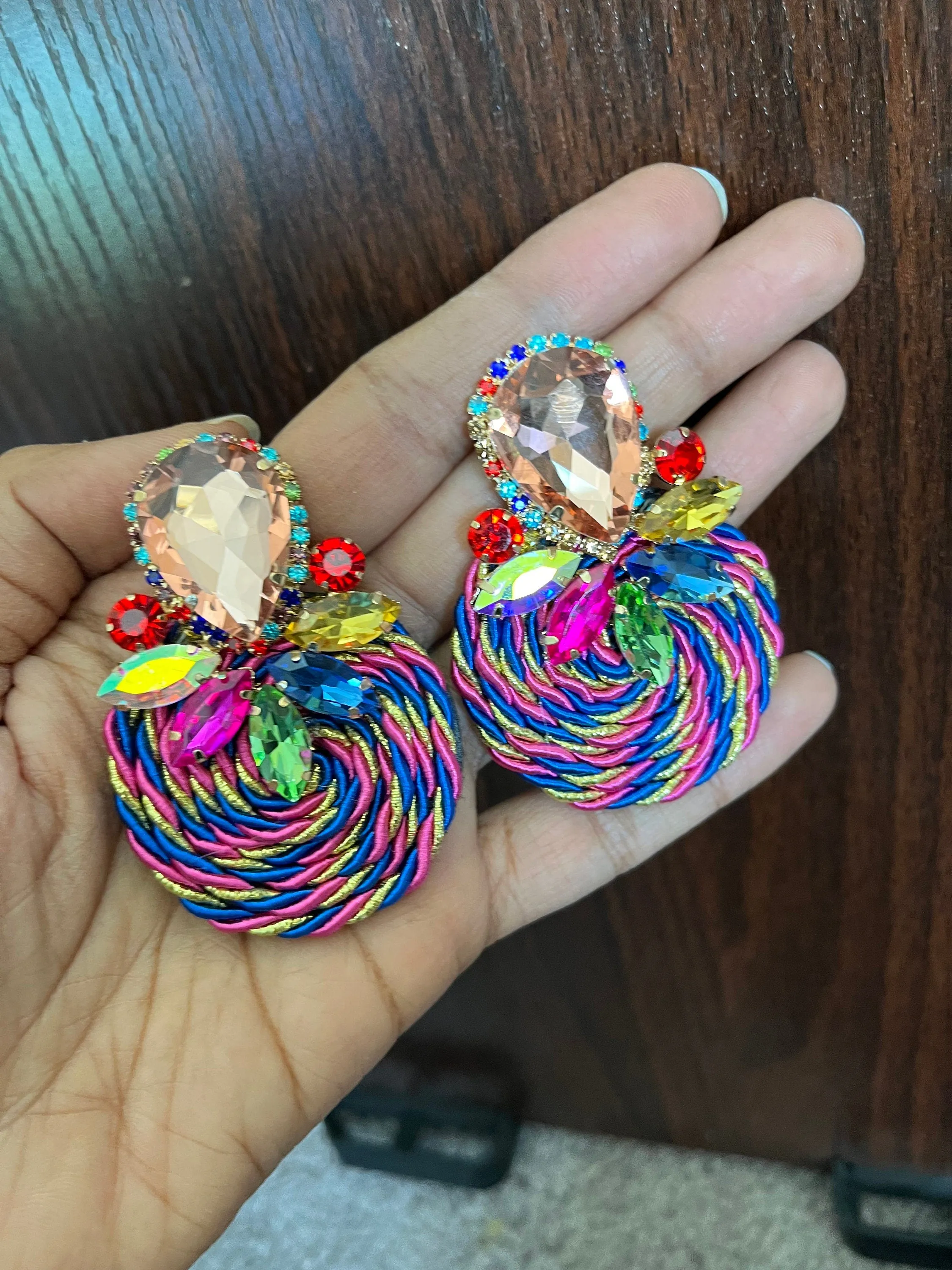 Multicolor earrings , large stud earrings , large multicolored earrings , champagne fuchsia peach pageant big earring colorful rainbow