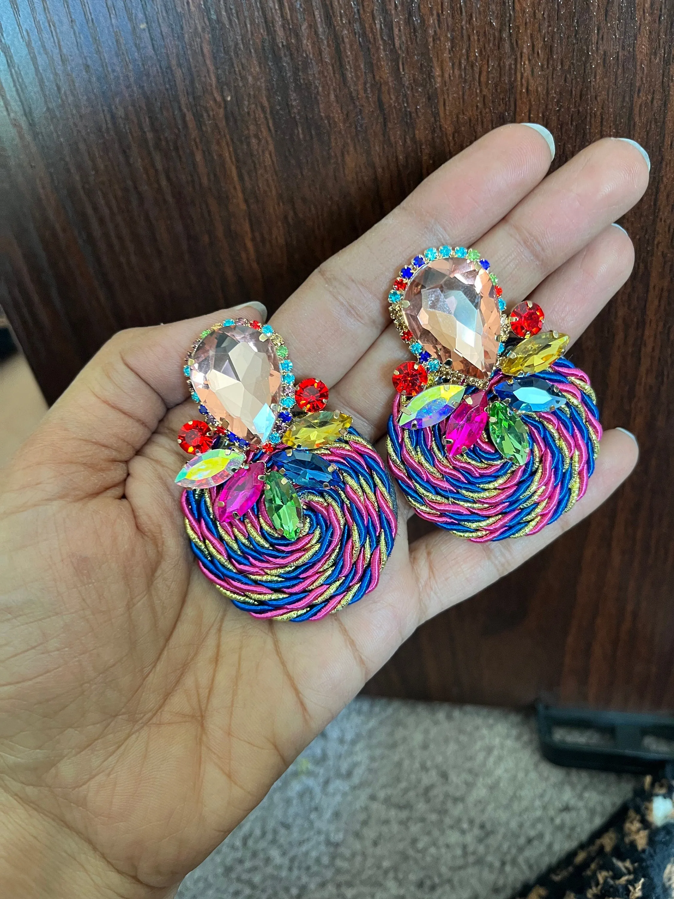 Multicolor earrings , large stud earrings , large multicolored earrings , champagne fuchsia peach pageant big earring colorful rainbow