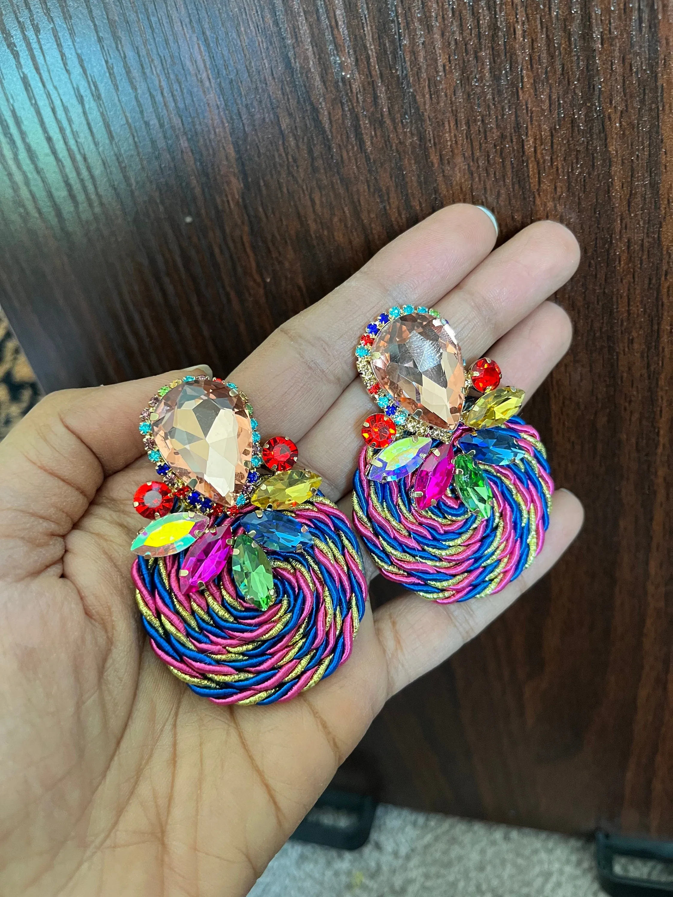 Multicolor earrings , large stud earrings , large multicolored earrings , champagne fuchsia peach pageant big earring colorful rainbow