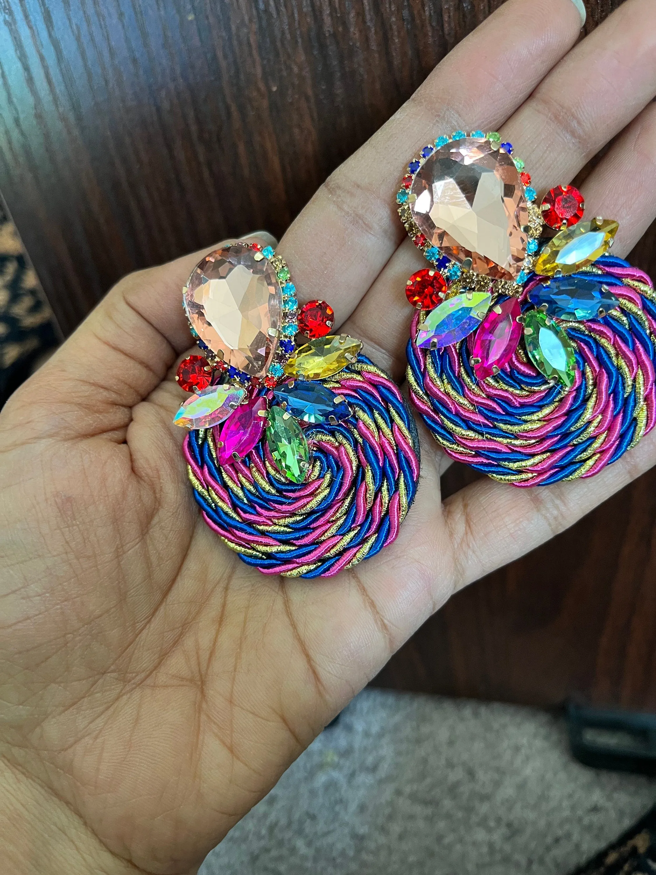 Multicolor earrings , large stud earrings , large multicolored earrings , champagne fuchsia peach pageant big earring colorful rainbow