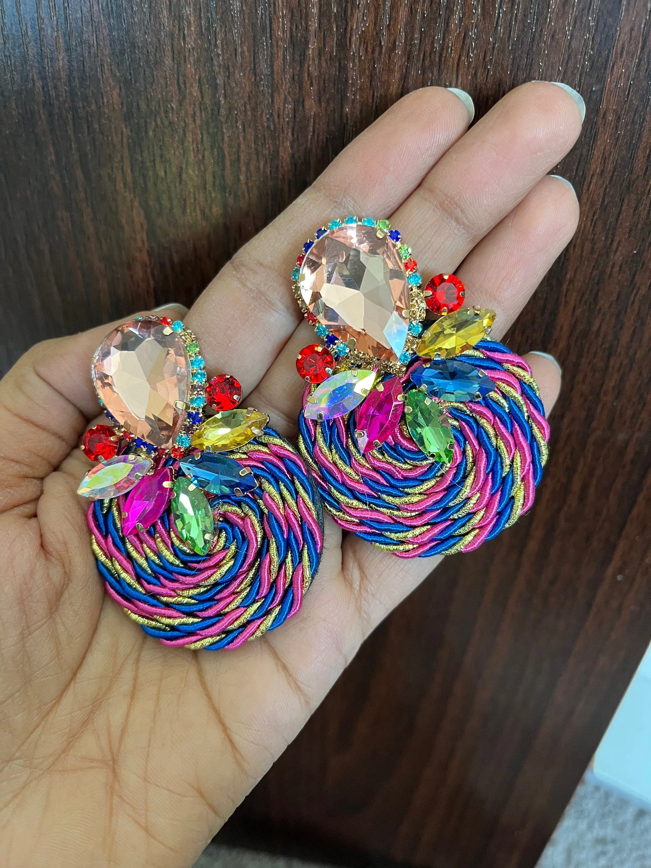 Multicolor earrings , large stud earrings , large multicolored earrings , champagne fuchsia peach pageant big earring colorful rainbow