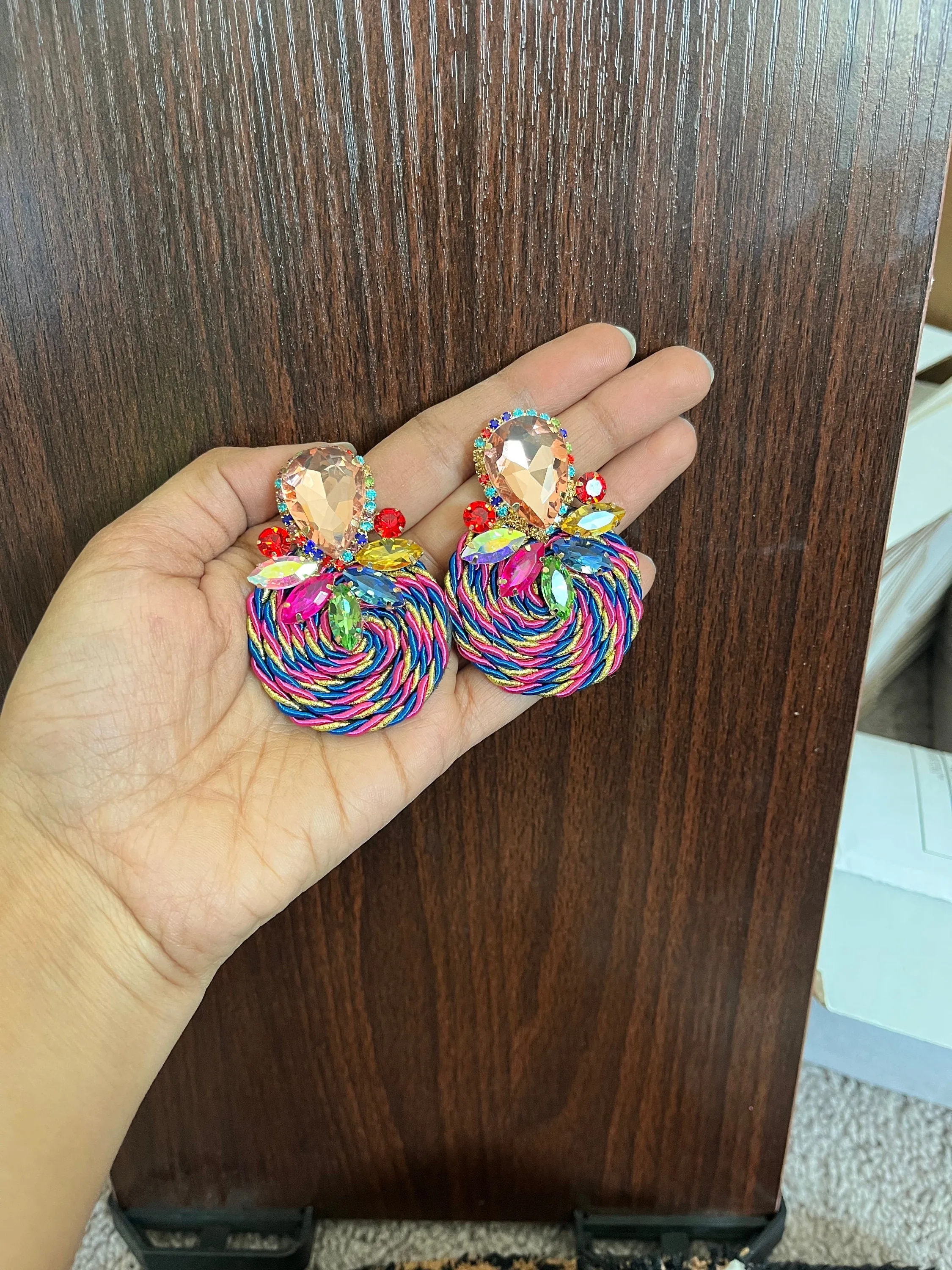 Multicolor earrings , large stud earrings , large multicolored earrings , champagne fuchsia peach pageant big earring colorful rainbow