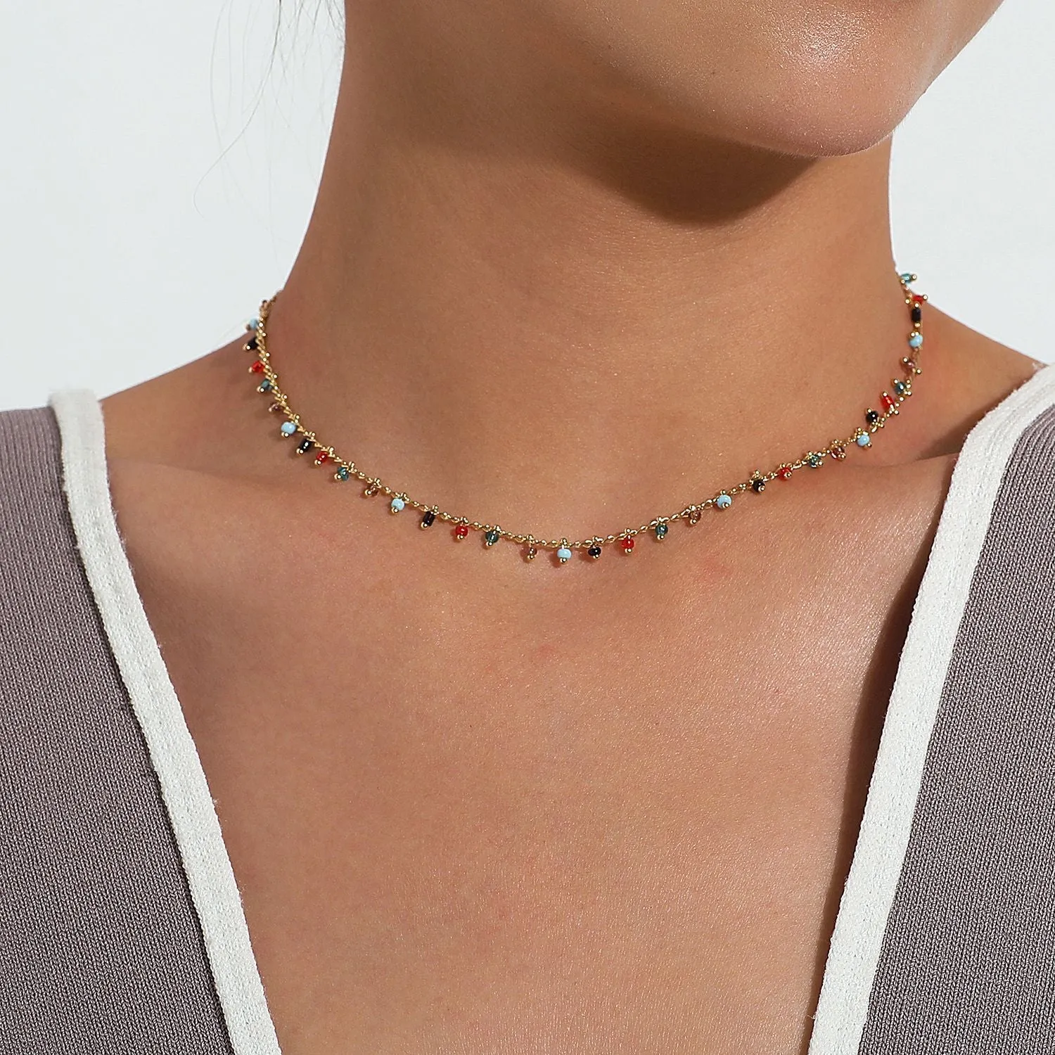 Multicolor Mini Beads Clavicle Chain Choker Necklace for Women