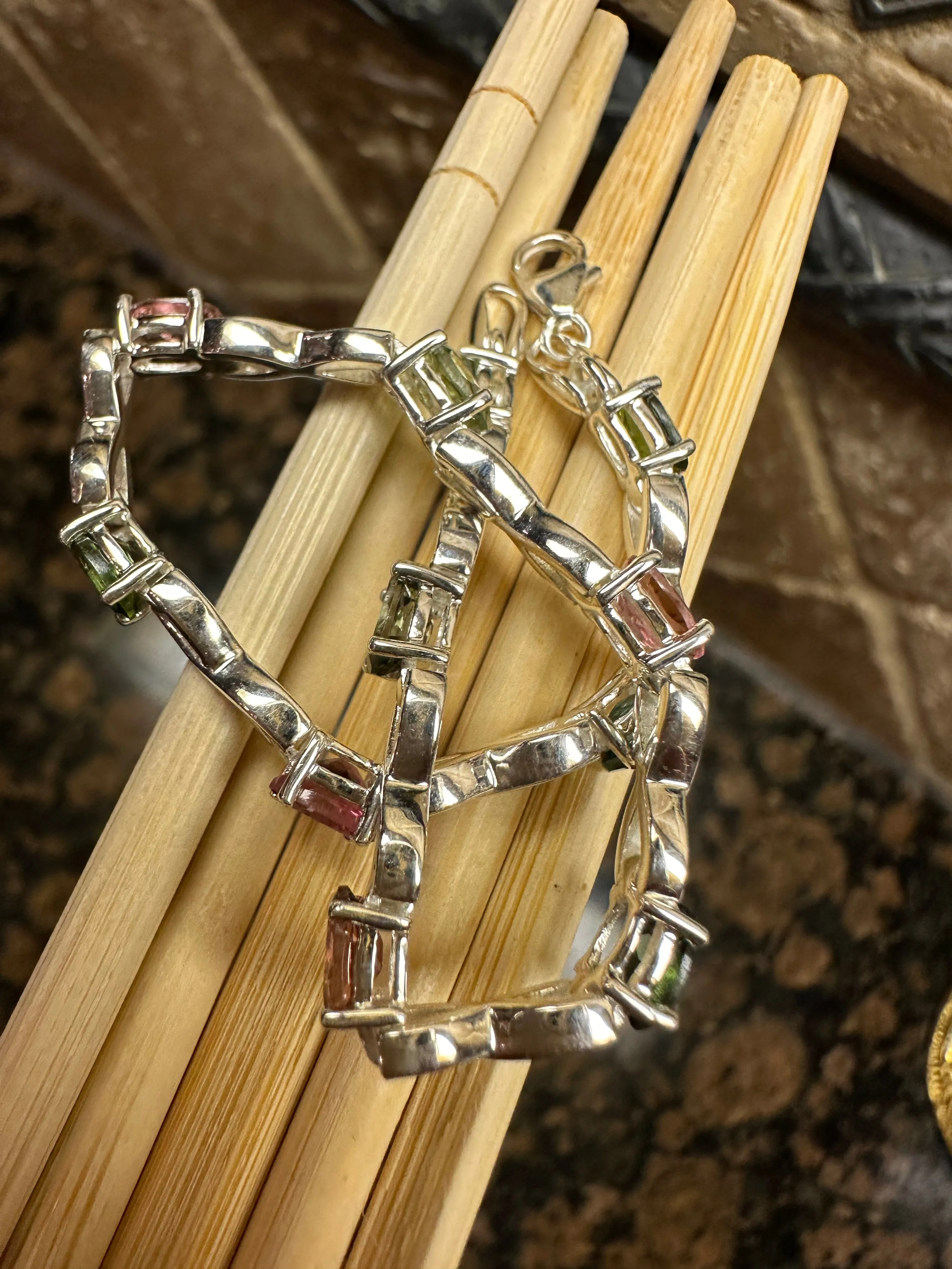 Natural Multicolor Tourmaline 925 Solid Sterling Silver Bracelets 7"
