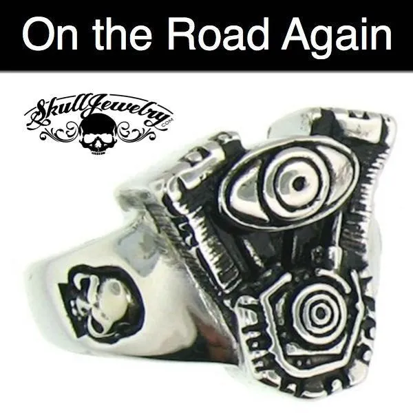On The Road Again - Engine Ring with Skulls (#673)