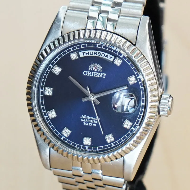 ORIENT Automatic Sapphire Watch President Oyster Ref. EV0J-C0-B Wristwatch Blue & Diamond Dial